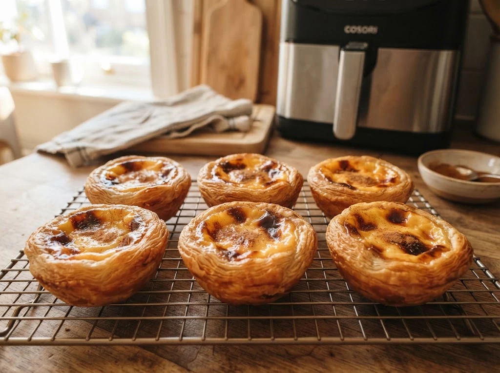 Air fryer egg tarts with caramelised custard on a cooling rack