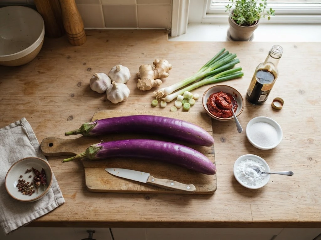 Ingredients for a Chinese eggplant recipe with doubanjiang