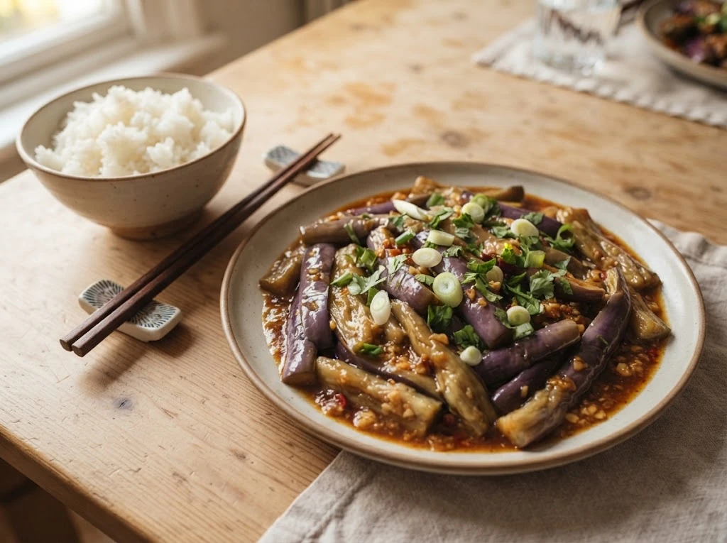 Chinese eggplant recipe with garlic sauce served with rice