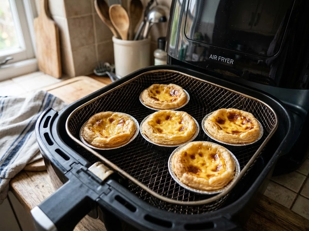 Air fryer portuguese egg tarts in foil tins inside the air fryer basket