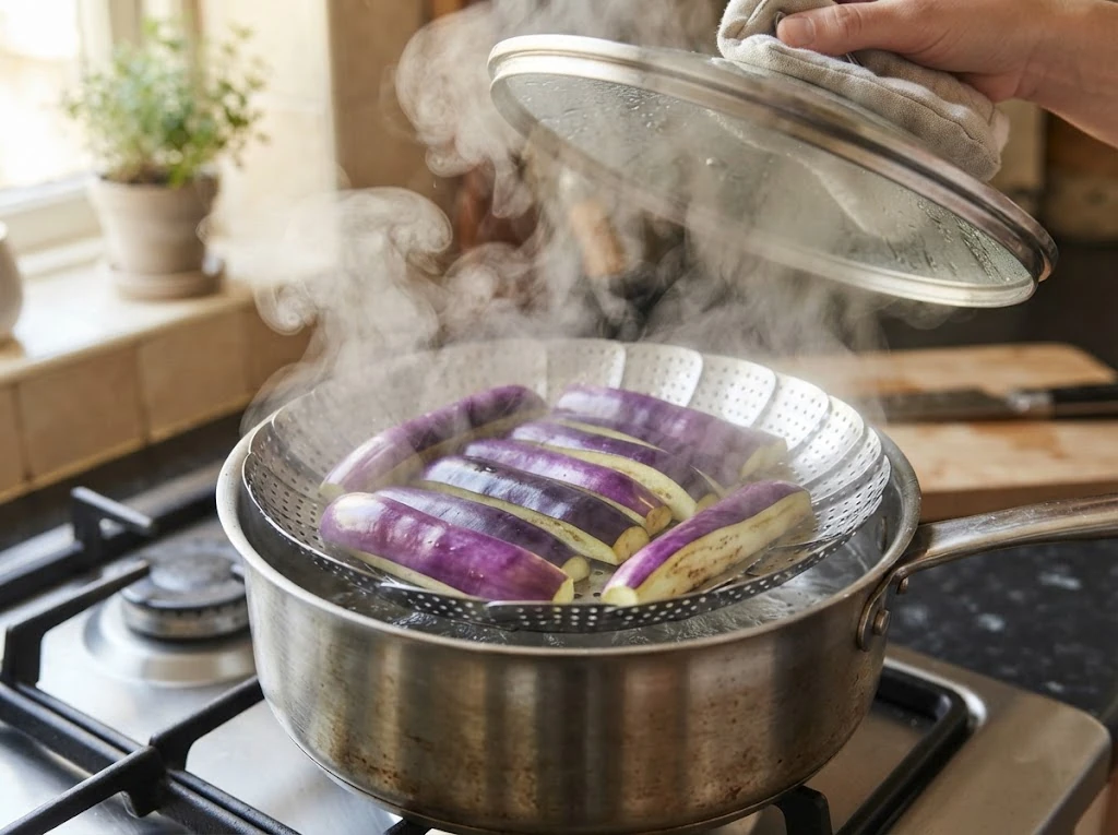 Steaming eggplant in a steamer basket instead of deep frying