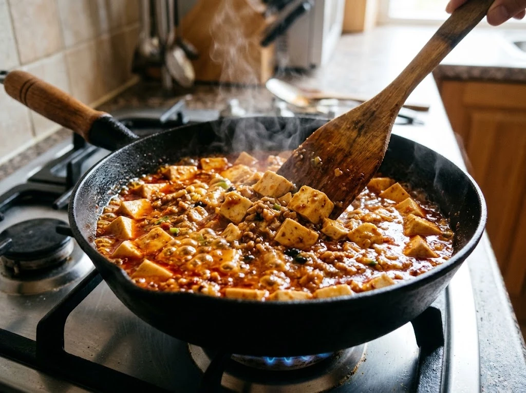Mapo tofu recipe simmering in a normal frying pan