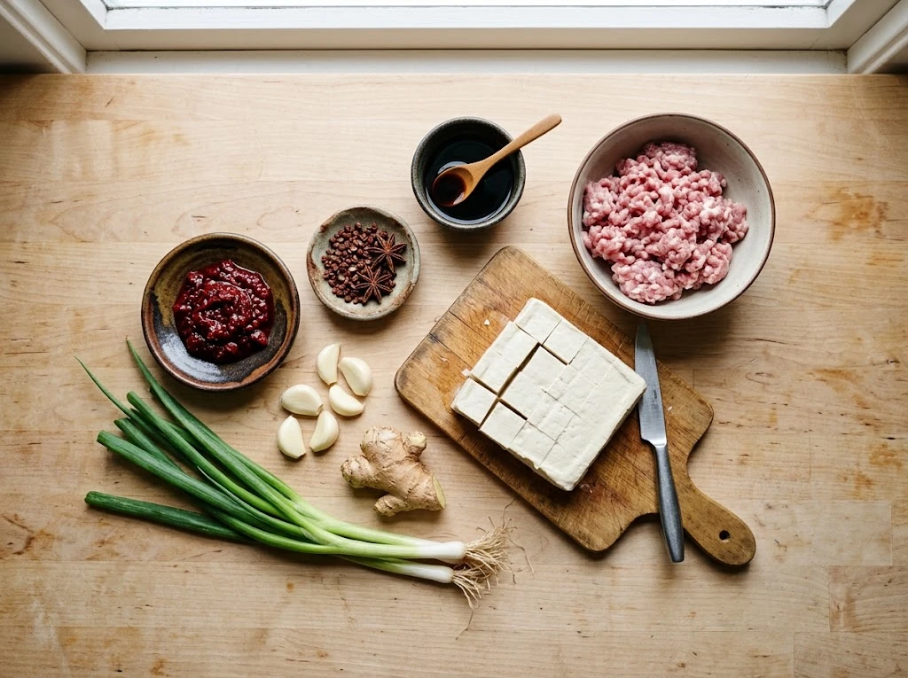 Ingredients for a mapo tofu recipe with doubanjiang and Sichuan pepper