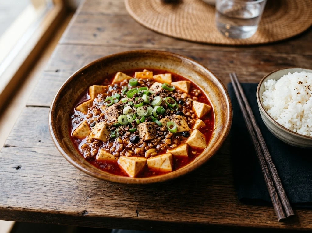 Mapo tofu recipe with minced pork served with rice